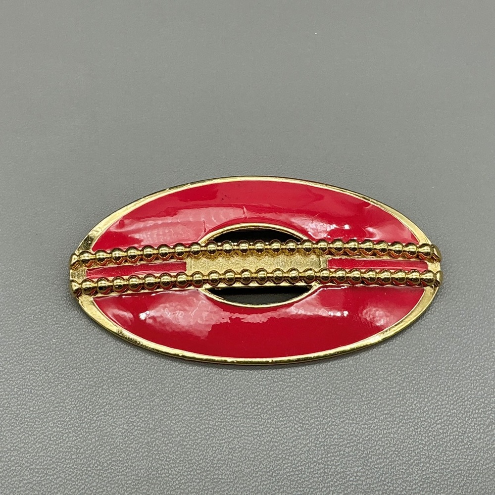 Brooch Womens Pink Vintage Gold Tone Enamel Oval Beaded Accent‎ Pin 2.5 Inches